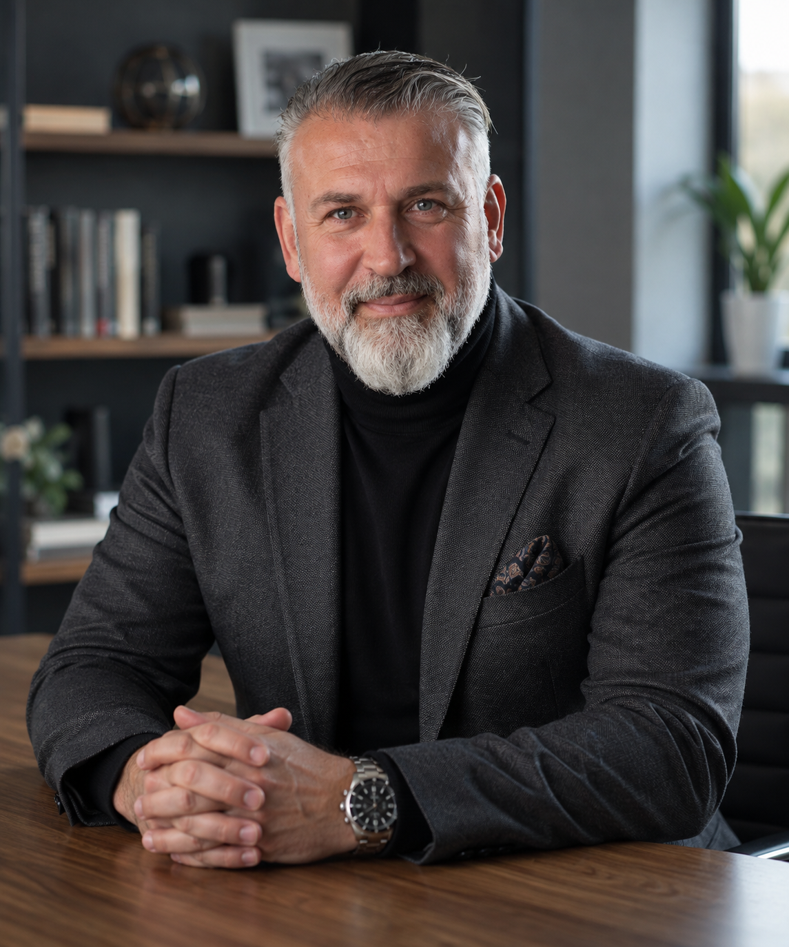 Mehmet Ali Öztopcu, Founder and Managing Director of Carbon & Cost Consulting, seated at a wooden table in his office