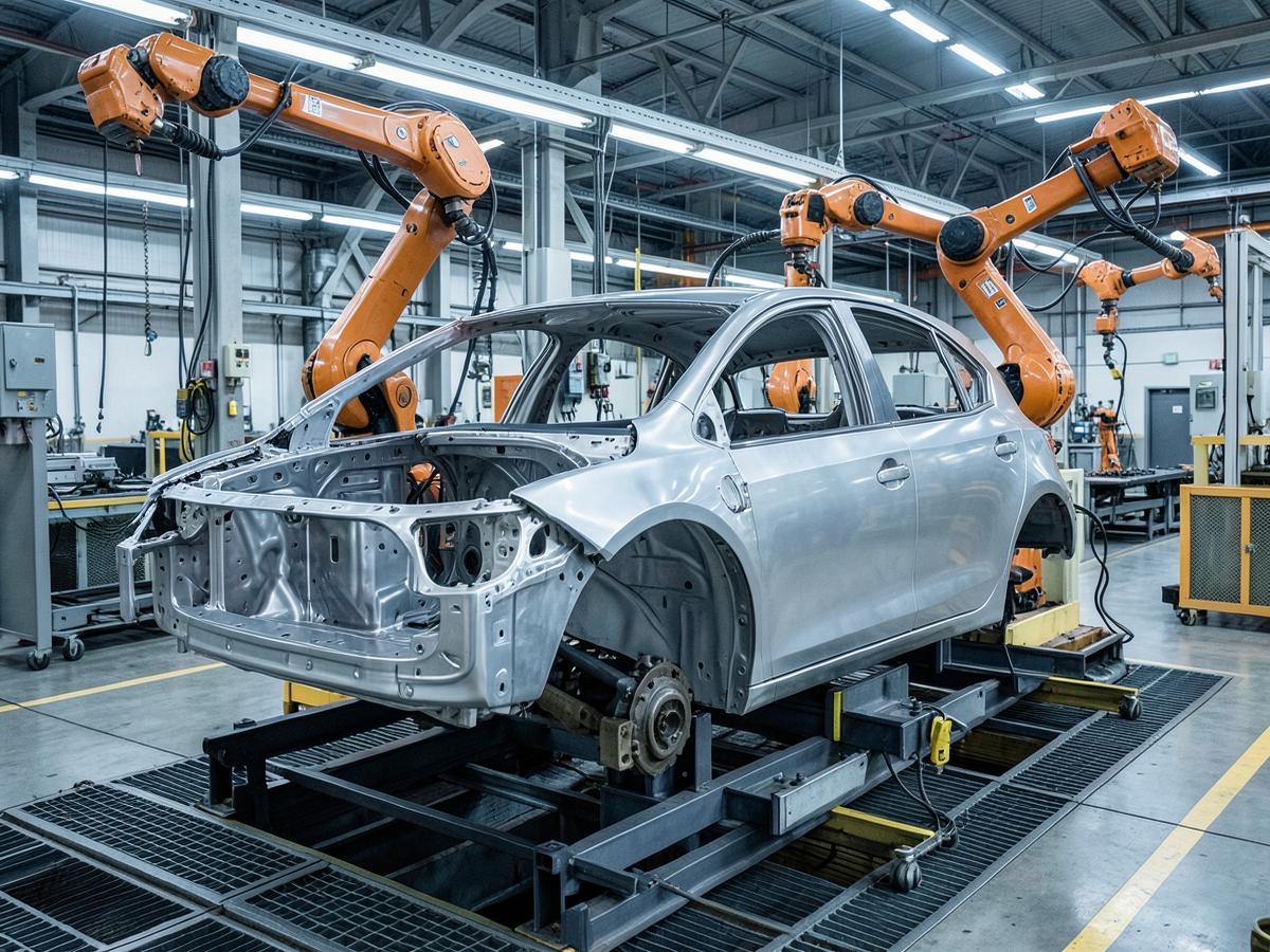 Car body-in-white on an automotive assembly line with robotic arms