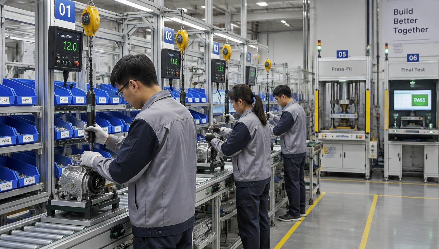 Structured assembly line with sequential workstations, fixtures, torque tools and part bins