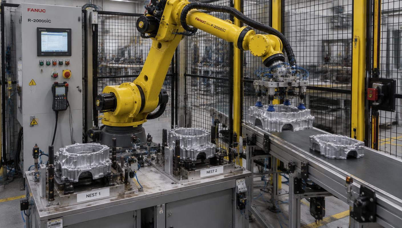 Six axis robot with custom gripper transferring a machined component from a fixture to a conveyor inside a fenced cell