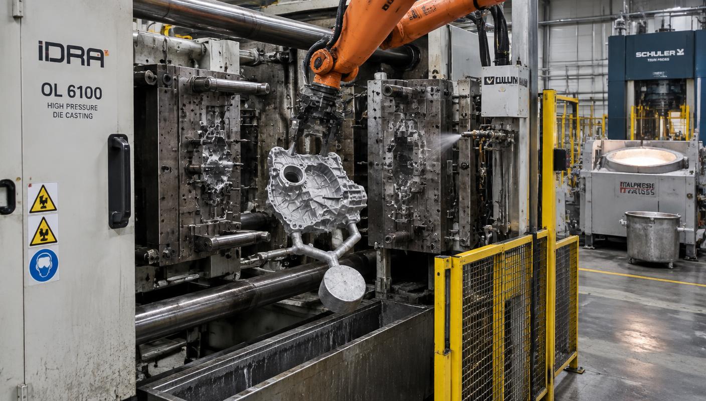 Cold chamber aluminium high pressure die casting cell with open die, casting on runner system and extraction robot