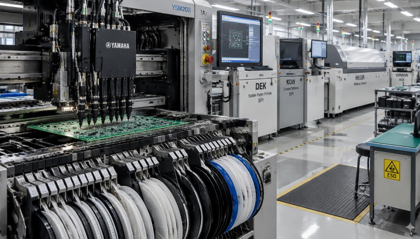 SMT pick and place head with nozzles placing components on a populated PCB, feeders and reflow line behind