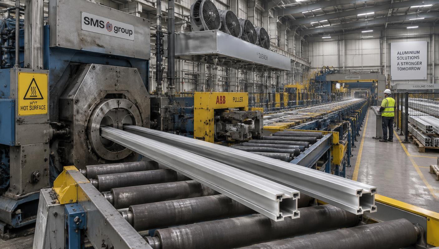 Aluminium extrusion press with a continuous profile leaving the die onto the run-out table