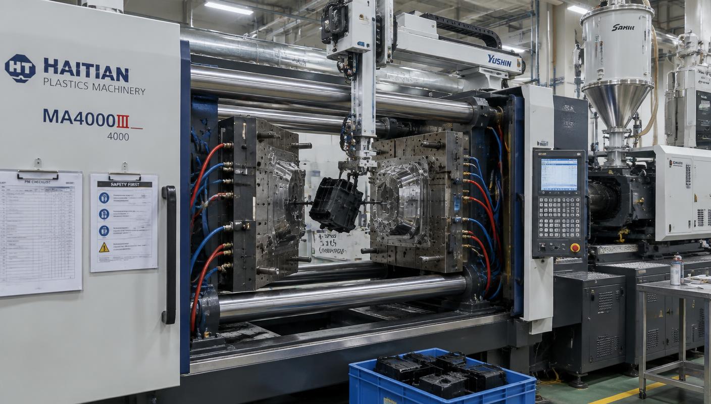Horizontal injection molding machine with open two-plate mold, visible core and cavity and robotic part removal