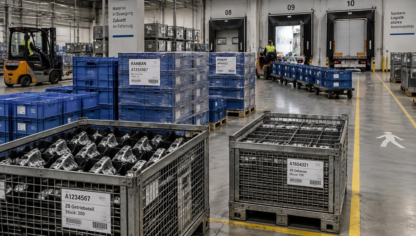 Returnable KLT and mesh containers with manufactured components staged at a loading dock