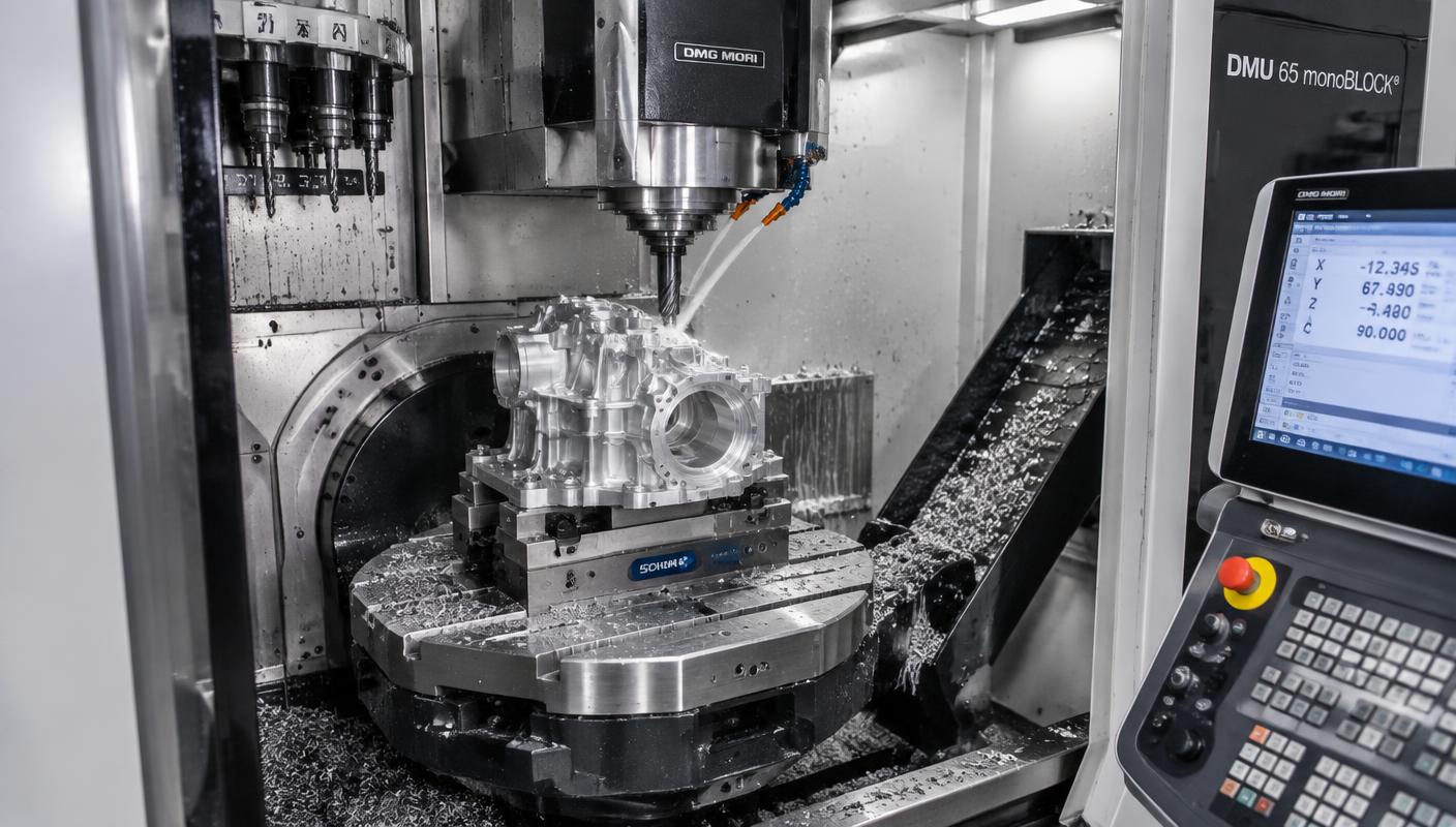 Five axis CNC machining centre milling an aluminium housing in a fixture with chips and coolant