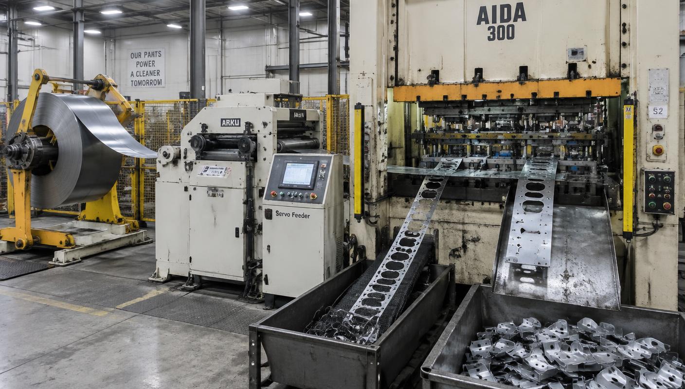 Stamping line with coil decoiler, straightener, servo feeder and progressive die in a mechanical press