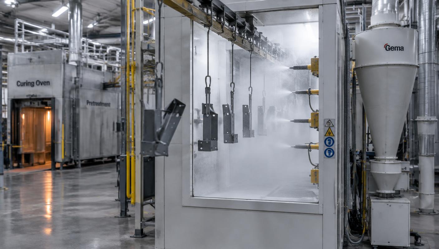 Automated powder coating booth with reciprocating spray guns coating parts on an overhead conveyor
