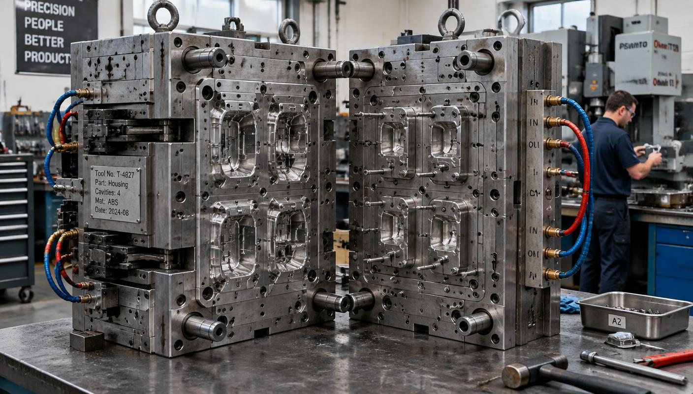 Opened multi-cavity injection mold in a toolroom showing core, cavity, inserts and cooling connections